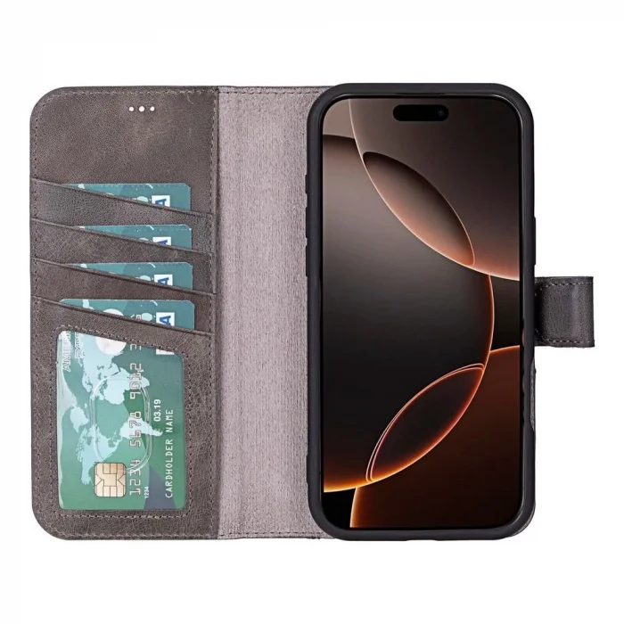  Apple iPhone 16 Pro uyumlu, Hakiki Deri, El Yapımı, Cüzdanlı Kılıf, Gölgeli Gri