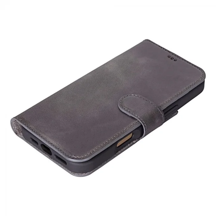  Apple iPhone 16 Pro uyumlu, Hakiki Deri, El Yapımı, Cüzdanlı Kılıf, Gölgeli Gri
