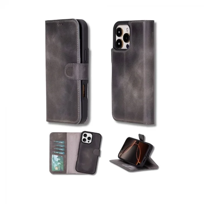  Apple iPhone 16 Pro uyumlu, Hakiki Deri, El Yapımı, Cüzdanlı Kılıf, Gölgeli Gri