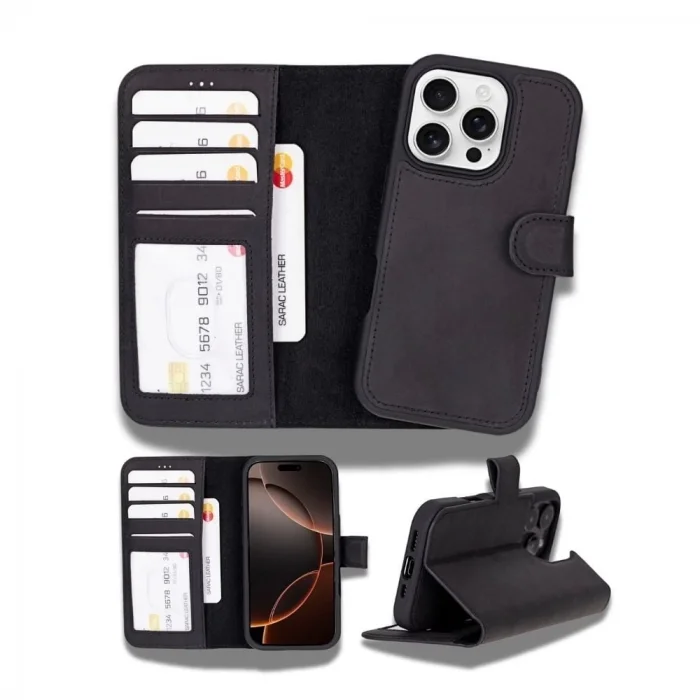  Apple iPhone 16 Pro uyumlu, Hakiki Deri, El Yapımı, Cüzdanlı Kılıf, Mat Siyah