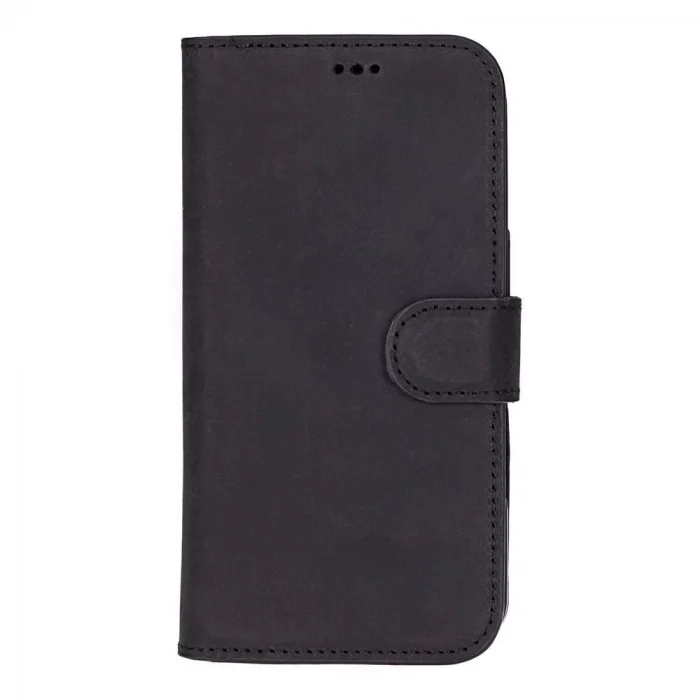  Apple iPhone 16 Pro uyumlu, Hakiki Deri, El Yapımı, Cüzdanlı Kılıf, Mat Siyah