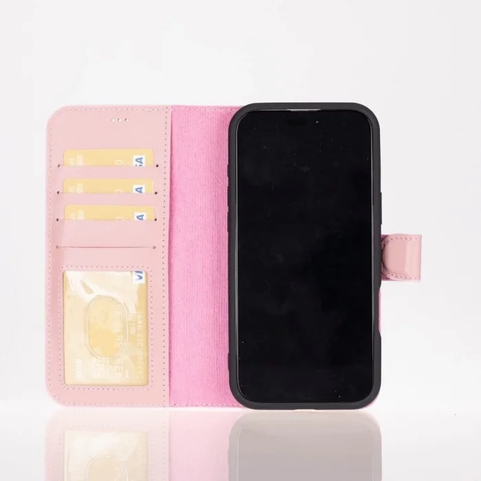  Apple iPhone 16 Pro uyumlu, Hakiki Deri, El Yapımı, Cüzdanlı Kılıf, Toz Pembe