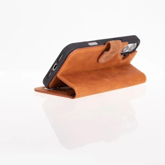  Apple iPhone 16 uyumlu, Hakiki Deri, El Yapımı, Cüzdanlı Kılıf, Karamel