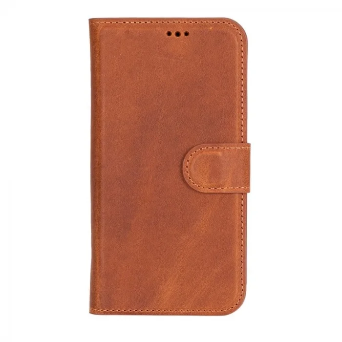  Apple iPhone 16 uyumlu, Hakiki Deri, El Yapımı, Cüzdanlı Kılıf, Karamel