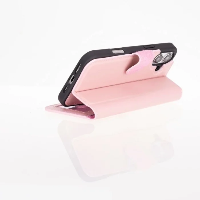  Apple iPhone 16 uyumlu, Hakiki Deri, El Yapımı, Cüzdanlı Kılıf, Toz Pembe