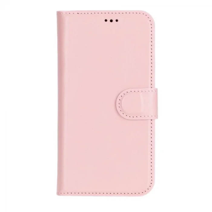  Apple iPhone 16 uyumlu, Hakiki Deri, El Yapımı, Cüzdanlı Kılıf, Toz Pembe