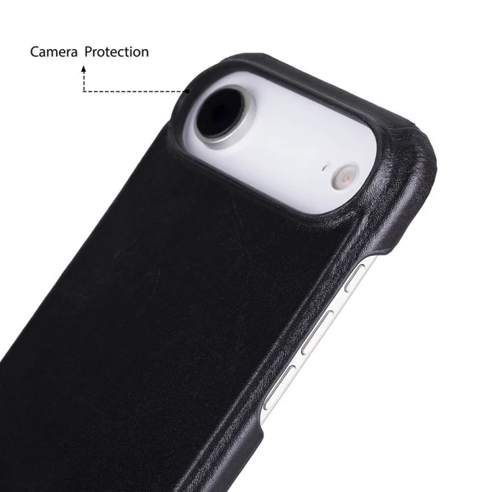 BUĞZ Apple iPhone 17 Air için, Hakiki Deri, El Yapımı Kılıf, Magsafe ile uyumlu, İç Yüzeyi Kadife, Kömür Siyah