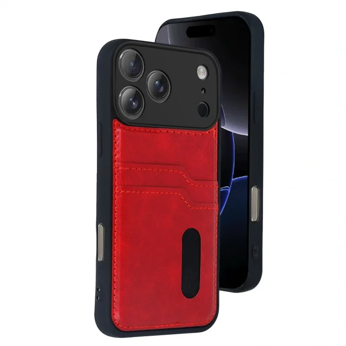 BUĞZ İphone 17 Pro Sara Kartvizitli Deri Kılıf - Kırmızı