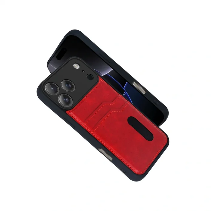 BUĞZ İphone 17 Pro Sara Kartvizitli Deri Kılıf - Kırmızı