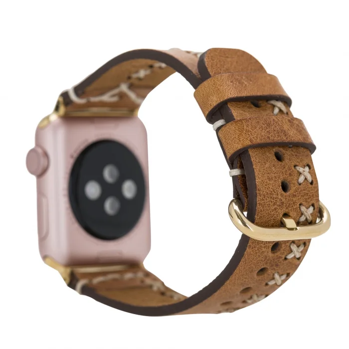  Apple Watch Uyumlu Deri Kordon 42-44-45mm Aqua V18 Taba