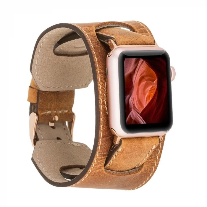  Apple Watch Uyumlu Deri Kordon 42-44-45mm Cuff G19 Taba