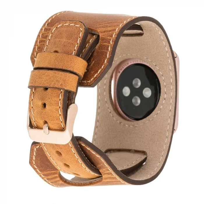  Apple Watch Uyumlu Deri Kordon 42-44-45mm Cuff G19 Taba