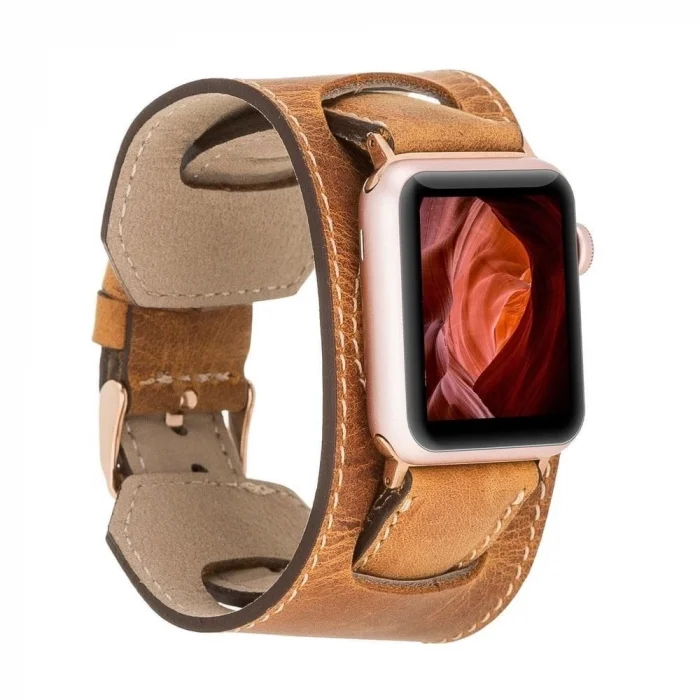  Apple Watch Uyumlu Deri Kordon 42-44-45mm Cuff G19 Taba