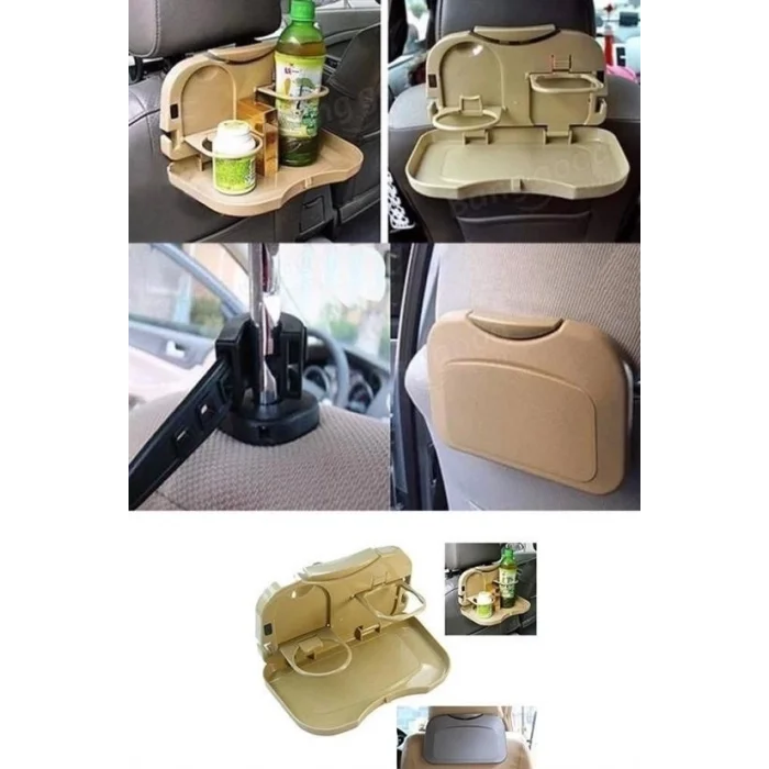  Araç İçi Koltuk Arkası Katlanabilir Bardak Tutuculu Bej Tepsi