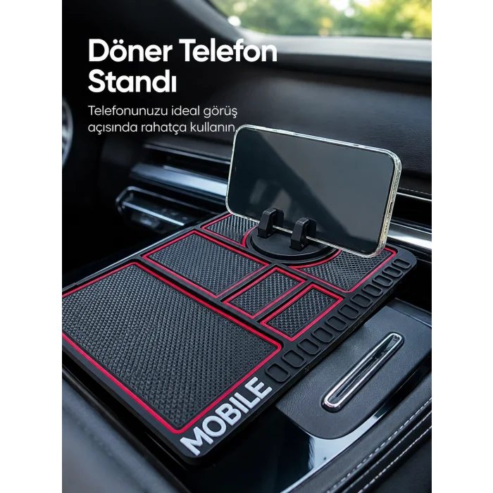 BUĞZ Araç Konsol Organizeri Kaydırmaz Silikon Telefon Standlı Saklama Matı