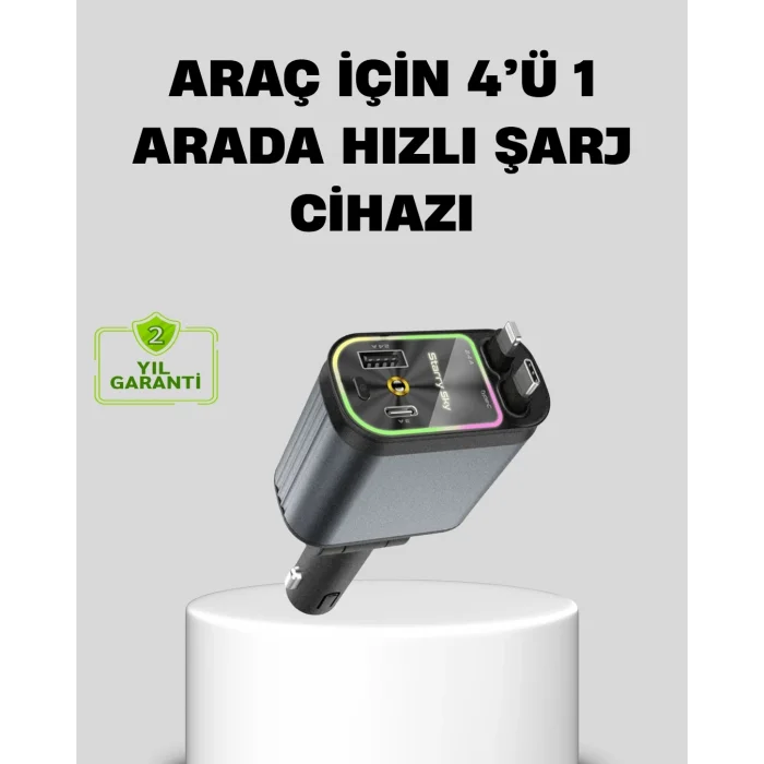 BUĞZ Araç Şarj Cihazı 66W 4 Portlu Hızlı Şarj ve LED Işıklı