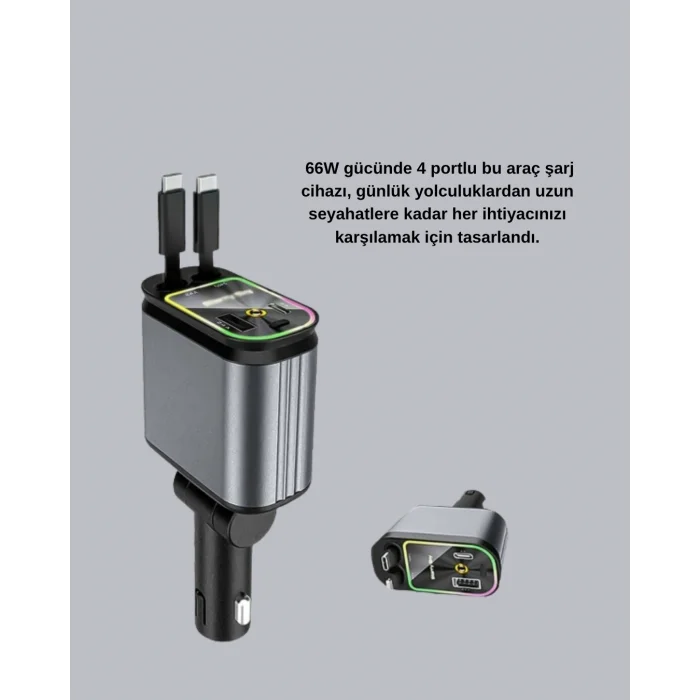BUĞZ Araç Şarj Cihazı 66W 4 Portlu Hızlı Şarj ve LED Işıklı