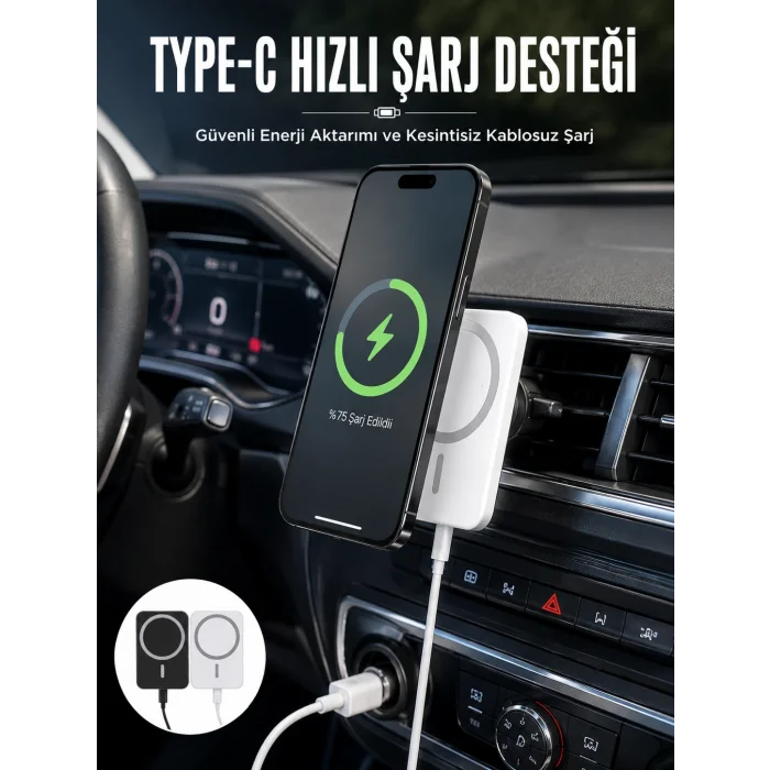 BUĞZ araç uyumlu Kablosuz 15W Taşınabilir Şarj Aleti Çift Kablo Yeni Nesil