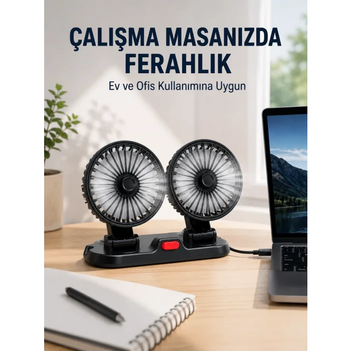 BUĞZ Araç ve Ev Kullanımına Uygun Çift Başlıklı Masaüstü Vantilatör