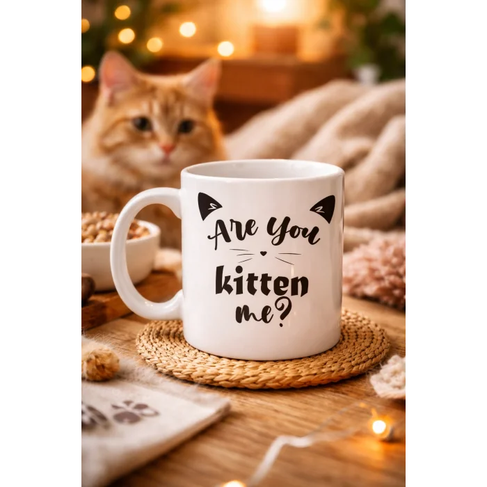 BUĞZ Are You Kitten Me? Yazılı Kedi Temalı Porselen Kupa MODEL 58 Sevimli Tasarım, Kahve & Çay Kupası