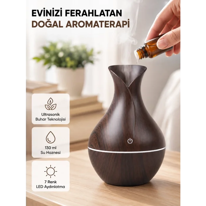 BUĞZ Aromaterapi Difüzör Ahşap Desenli ve Ultrasonik Nemlendirici LED Işıklı