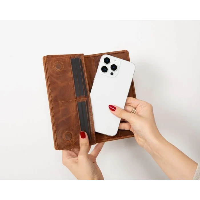  Aura Hakiki Deri, El Yapımı, Telefon Bölmeli, Kadın Cüzdanı, Açık Kahve