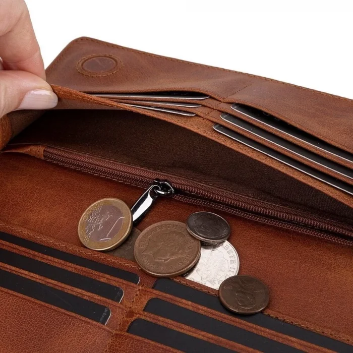  Aura Hakiki Deri, El Yapımı, Telefon Bölmeli, Kadın Cüzdanı, Açık Kahve