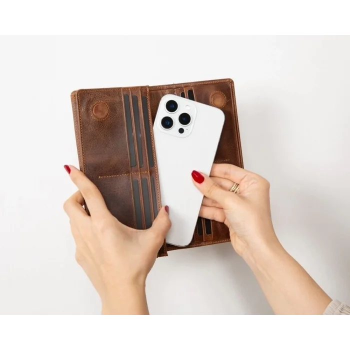  Aura Hakiki Deri, El Yapımı, Telefon Bölmeli, Kadın Cüzdanı, Antik Kahve