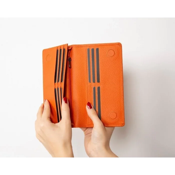  Aura Hakiki Deri, El Yapımı, Telefon Bölmeli, Kadın Cüzdanı, Portakal Renk