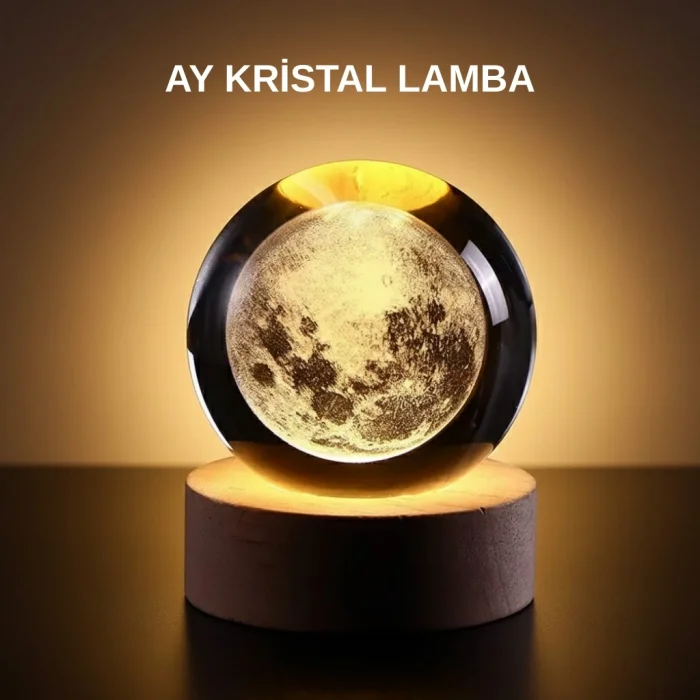 BUĞZ Ay Figürlü 3D Kristal Küre LED Gece Lambası Ahşap Standlı Dekoratif Lamba