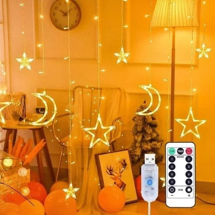 BUĞZ Ay ve Yıldız Figürlü Kumandalı 12 Sarkıtlı 120 LED Dekor Işık – Dekoratif Ortam ve Masaüstü Aydınlatması