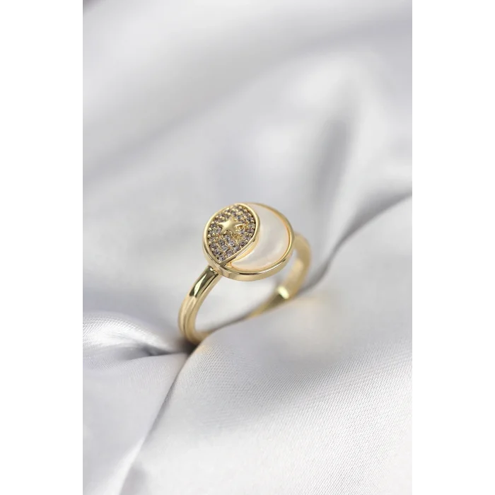 BUĞZ Ay Yıldız Model Gold Renk Zirkon Taşlı Kadın Yüzük