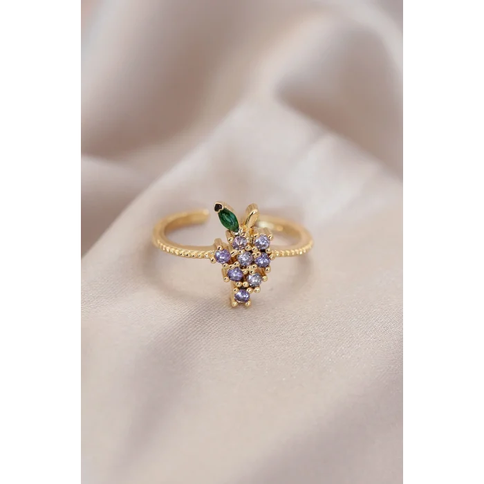 BUĞZ Ayarlamalı Altın Renk Metal Renkli Zirkon Taşlı Üzüm Yüzük