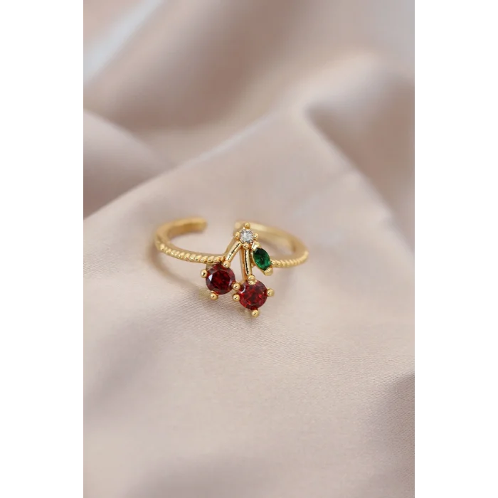 BUĞZ Ayarlamalı Gold Renk Metal Renkli Zirkon Taşlı Kiraz Yüzük