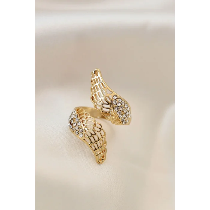 BUĞZ Ayarlamalı Gold Renk Metal Zirkon Taşlı Kanat Yüzük