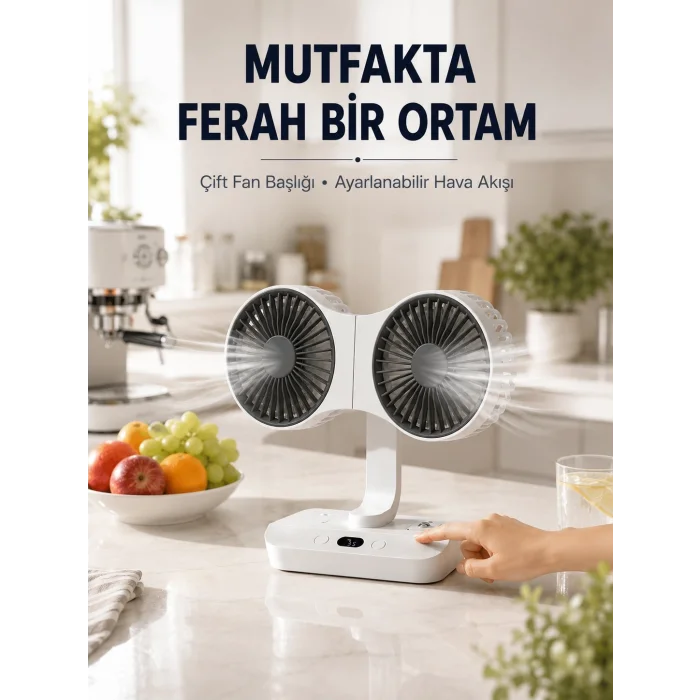 BUĞZ Ayarlanabilir Çift Fan Başlıklı Şarjlı Masa Vantilatörü