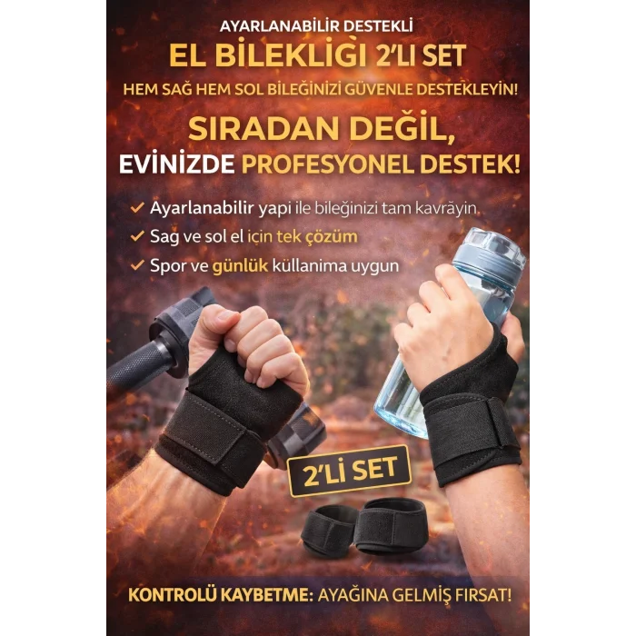BUĞZ Ayarlanabilir Destekli El Bilekliği 2’li Set – Kadın & Erkek Sağ–Sol Uyumlu Spor ve Günlük Kullanım