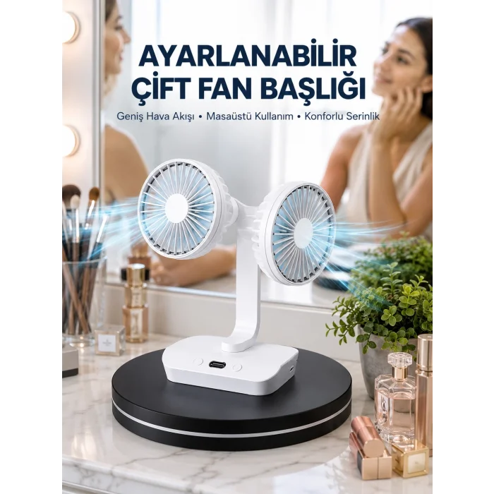 BUĞZ Ayarlanabilir Hızlı Çift Başlıklı Masaüstü Fan – Gece Lambalı Serinletici