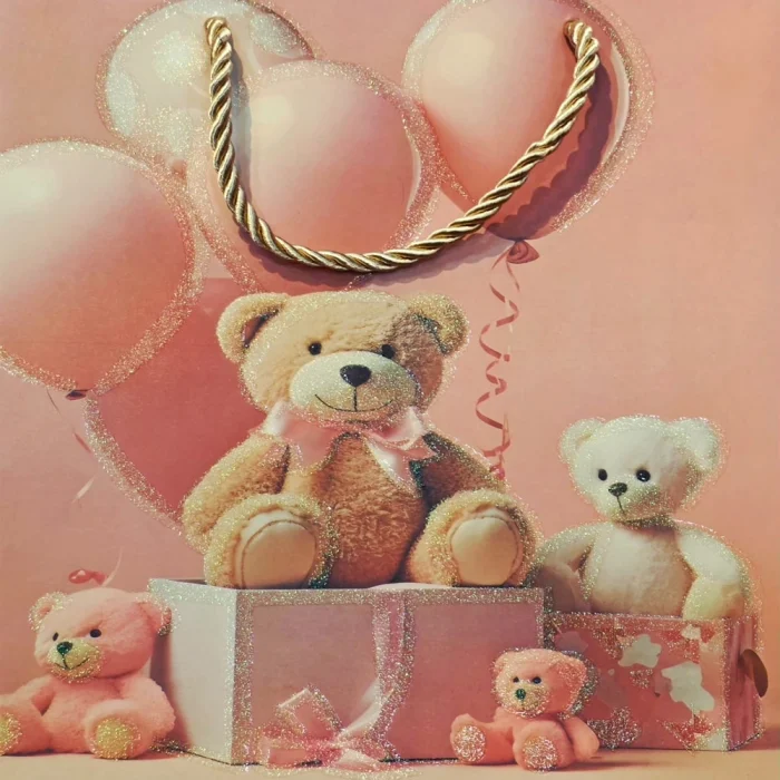 BUĞZ Ayıcık Desenli Pembe Büyük Boy Karton Hediye Çantası