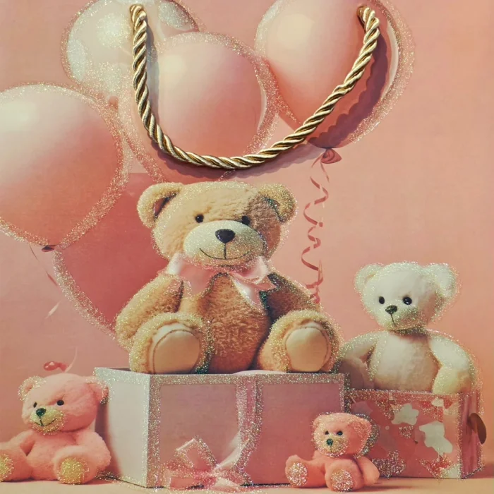 BUĞZ Ayıcık Desenli Pembe Küçük Boy Karton Hediye Çantası