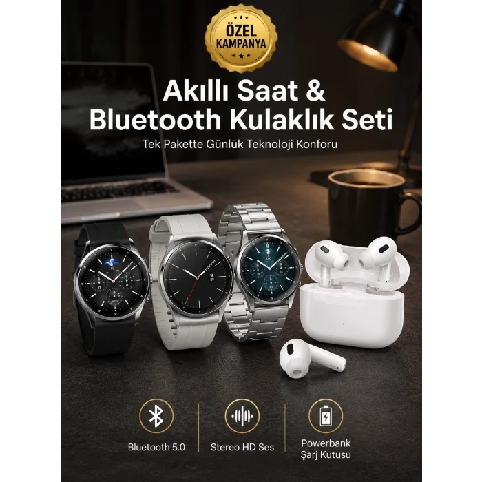 BUĞZ Aynalı Bluetooth Kulaklık Yeni Nesil Akıllı Saat Titreşimli Nabız Ölçer Spor Modları