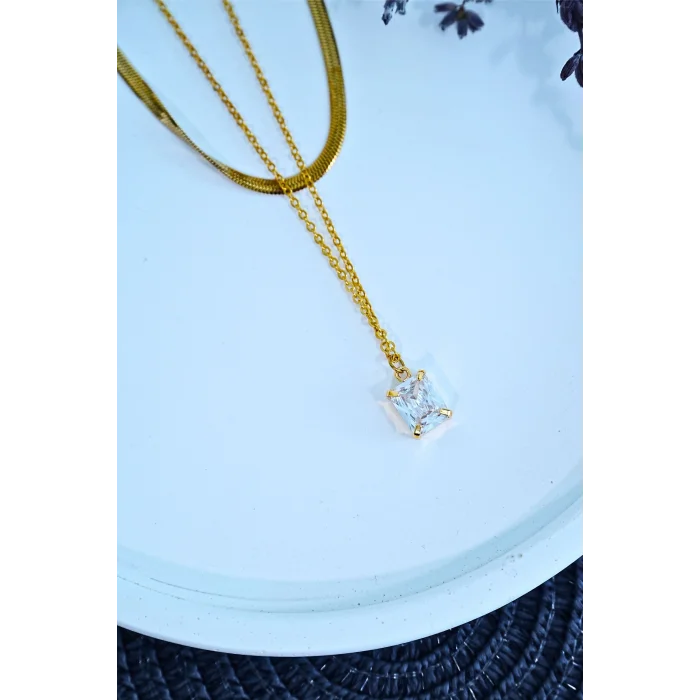 BUĞZ Baget Taşlı Altın Renk İtalyan Bakla Zincirli Kadın Çelik Kolye - BUĞZ