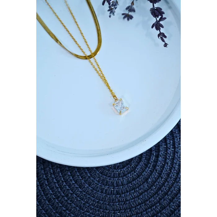 BUĞZ Baget Taşlı Altın Renk İtalyan Bakla Zincirli Kadın Çelik Kolye - BUĞZ