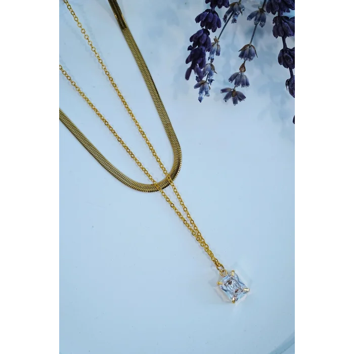 BUĞZ Baget Taşlı Altın Renk İtalyan Bakla Zincirli Kadın Çelik Kolye - BUĞZ