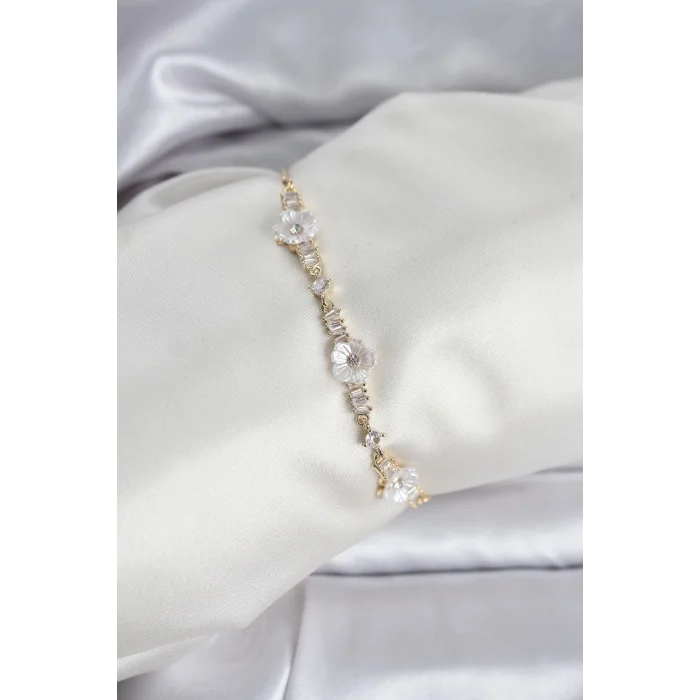 BUĞZ Baget Zirkon Taşlı Çiçek Model Gold Renk Asansörlü Kadın Bileklik