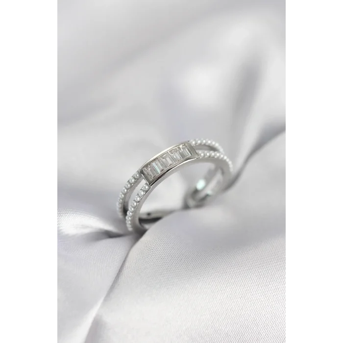 BUĞZ Baget Zirkon Taşlı Gümüş Renk İncili Kadın Yüzük