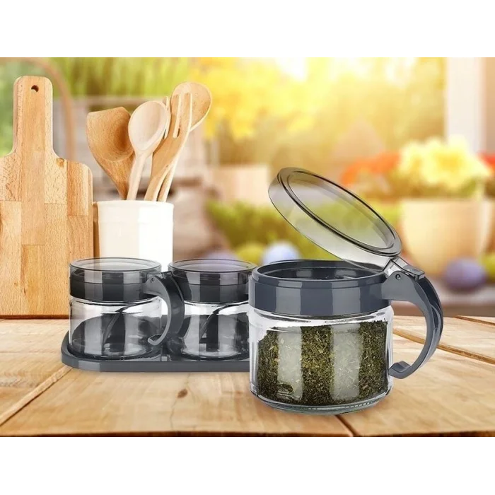 BUĞZ Baharat Seti 3 Adet Kaşıklı Standlı Cam Baharatlık