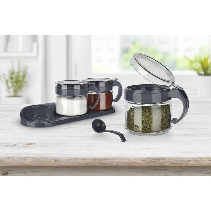 BUĞZ Baharat Seti 3 Adet Kaşıklı Standlı Cam Baharatlık