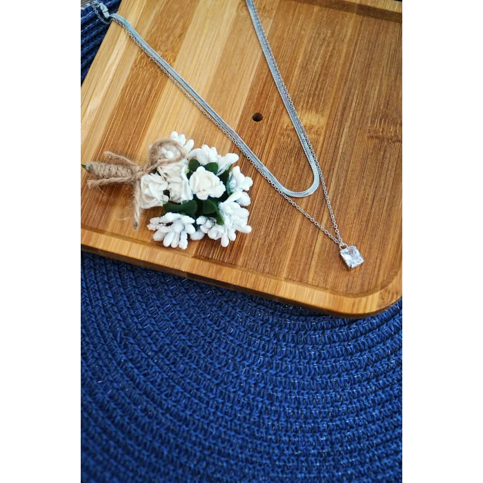 BUĞZ Bakla Model Zirkon Baget Taşlı Zincir Çelik Kolye