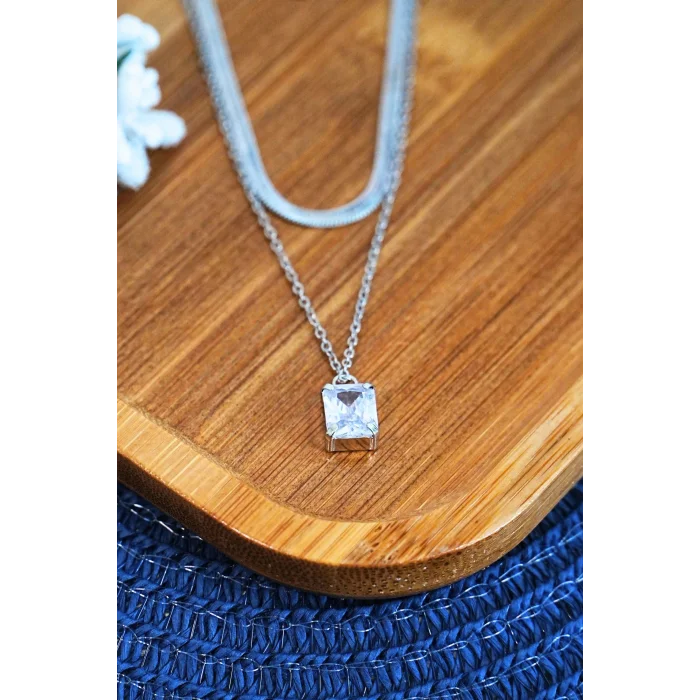 BUĞZ Bakla Model Zirkon Baget Taşlı Zincir Çelik Kolye